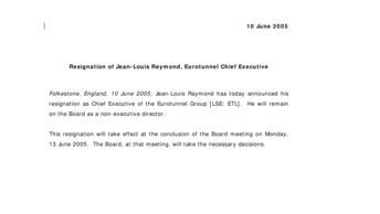 Resignation of Jean-Louis Raymond, Eurotunnel Chief Executive
