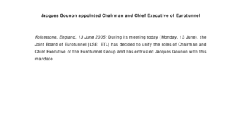 Jacques Gounon appointed Chairman and Chief Executive of Eurotunnel