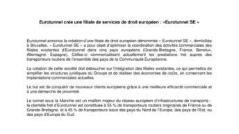 Eurotunnel crée une filiale de services de droit européen : « Eurotunnel SE »
