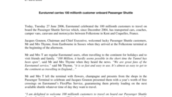 Eurotunnel carries 100 millionth customer onboard Passenger Shuttle