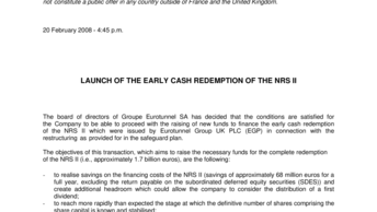 LAUNCH OF THE EARLY CASH REDEMPTION OF THE NRS II