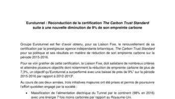 Eurotunnel : Reconduction de la certification The Carbon Trust Standard  suite à une nouvelle diminution de 9% de son empreinte carbone