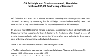 GB Railfreight and Blood cancer charity Bloodwise celebrate £62,000 fundraising achievement