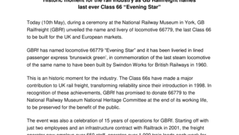 Historic moment for the rail industry as GB Railfreight names  last ever Class 66 “Evening Star”