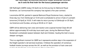 GB Railfreight announces Belmond Royal Scotsman contract  as it runs its first train for the luxury passenger service