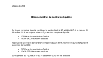 Bilan semestriel du contrat de liquidité au 31 décembre 2019