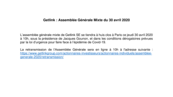 Getlink : Assemblée Générale Mixte du 30 avril 2020