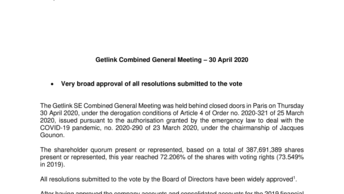 Getlink Combined General Meeting – 30 April 2020 : very broad approval of all resolutions submitted to the vote