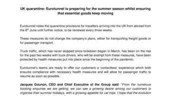 UK quarantine: Eurotunnel is preparing for the summer season whilst ensuring that essential goods keep moving
