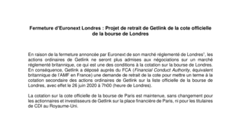 Fermeture d’Euronext Londres : Projet de retrait de Getlink de la cote officielle de la bourse de Londres