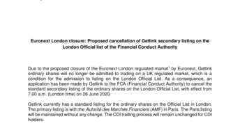 Euronext London closure: Proposed cancellation of Getlink secondary listing on the London Official list of the Financial Conduct Authority