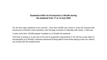 Sustained traffic for Eurotunnel Le Shuttle during the weekend from 17 to 19 July 2020
