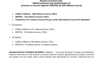 Résultats semestriels 2020 :  Getlink préserve ses fondamentaux et  annonce un nouvel objectif d’EBITDA de 350 millions d’euros