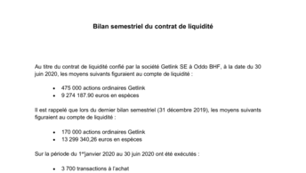Bilan semestriel du contrat de liquidité au 30 juin 2020