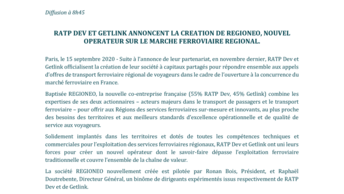 RATP Dev et Getlink annoncent la création de Régionéo, nouvel opérateur sur le marché ferroviaire régional