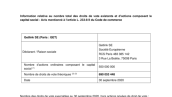 Information relative au nombre total des droits de vote existants et d’actions composant le capital social au 30 septembre 2020