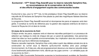 Eurotunnel : 15ème Green Flag Award® pour la réserve naturelle Samphire Hoe, en reconnaissance de la conservation de la flore  et des efforts d'engagement auprès des communautés locales