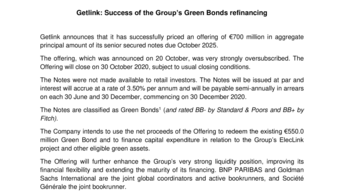 Getlink: Success of the Group’s Green Bonds refinancing