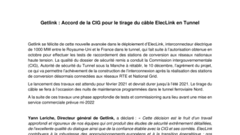 Getlink : Accord de la CIG pour le tirage du câble ElecLink en Tunnel