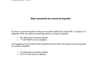 Bilan semestriel du contrat de liquidité au 31 décembre 2020