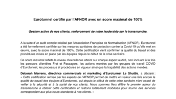 Eurotunnel certifié par l’AFNOR avec un score maximal de 100%
