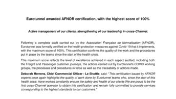 Eurotunnel awarded AFNOR certification, with the highest score of 100%