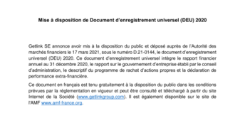 Mise à disposition du Document d’enregistrement universel (DEU) 2020