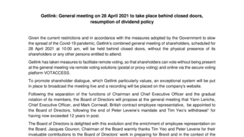 Getlink: General meeting on 28 April 2021 to take place behind closed doors, resumption of dividend policy