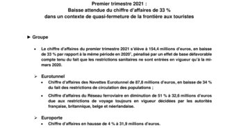 Premier trimestre 2021 : Baisse attendue du chiffre d’affaires de 33 %  dans un contexte de quasi-fermeture de la frontière aux touristes