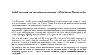 Getlink launches a new innovative unaccompanied rail freight cross-Channel service