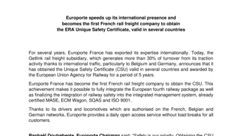 Europorte speeds up its international presence and becomes the first French rail freight company to obtain the ERA Unique Safety Certificate, valid in several countries