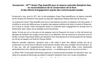 Eurotunnel : 16ème Green Flag Award® pour la réserve naturelle Samphire Hoe, en reconnaissance de la conservation de la flore et des efforts d'engagement auprès des communautés locales
