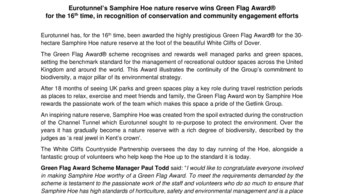 Eurotunnel’s Samphire Hoe nature reserve wins Green Flag Award® for the 16th time, in recognition of conservation and community engagement efforts