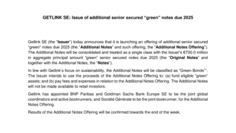 GETLINK SE: Issue of additional senior secured “green” notes due 2025 (Inside information)