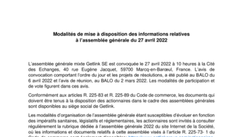 Modalités de mise à disposition des informations relatives à l’assemblée générale du 27 avril 2022