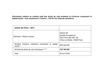 Information relative au nombre total des droits de vote existants et d’actions composant le capital social au 30 avril 2022