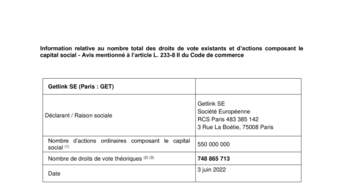 Information relative au nombre total des droits de vote existants et d’actions composant le capital social au 3 juin 2022