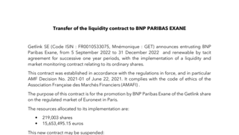 Transfer of the liquidity contract to BNP Paribas Exane