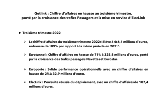 Getlink - Chiffre d'affaires en hausse au troisième trimestre