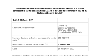 Information relative au nombre total des droits de vote existants et d’actions composant le capital social au 30 novembre 2022