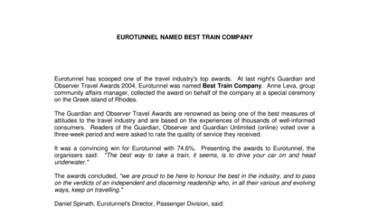 EUROTUNNEL NAMED BEST TRAIN COMPANY