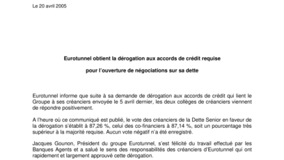 Eurotunnel obtient la dérogation aux accords de crédit requise  pour l’ouverture de négociations sur sa dette