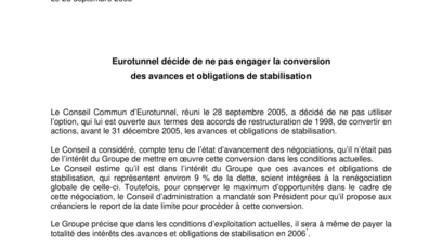 Eurotunnel décide de ne pas engager la conversion  des avances et obligations de stabilisation