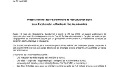 Présentation de l’accord préliminaire de restructuration signé  entre Eurotunnel et le Comité Ad Hoc des créanciers