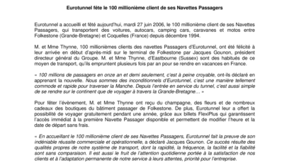 Eurotunnel fête le 100 millionième client de ses Navettes Passagers