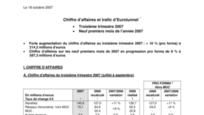 Chiffre d’affaires et trafic d’Eurotunnel : Troisième trimestre 2007  & Neuf premiers mois de l’année 2007