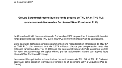 Groupe Eurotunnel reconstitue les fonds propres de TNU SA et TNU PLC (anciennement dénommées Eurotunnel SA et Eurotunnel PLC)