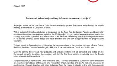 Eurotunnel to lead major railway infrastructure research project *