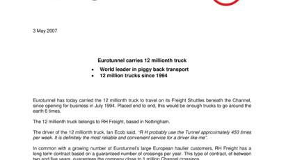Eurotunnel carries 12 millionth truck