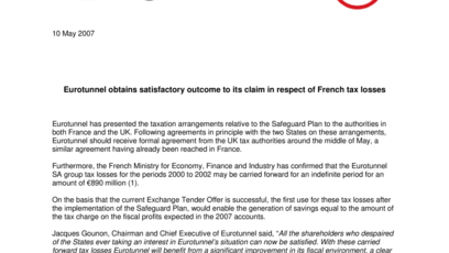 Eurotunnel obtains satisfactory outcome to its claim in respect of French tax losses
